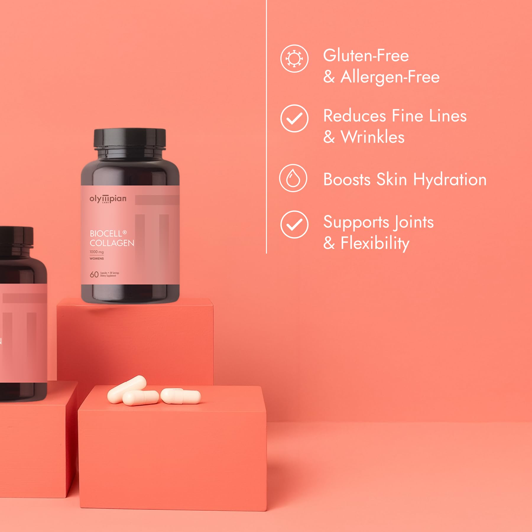 Optimal Blend Biocell Collagen capsules highlight easy absorption and joint support.