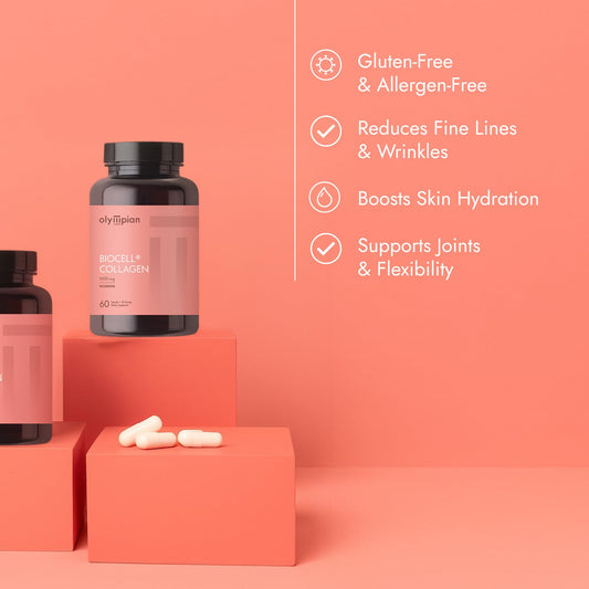 Optimal Blend Biocell Collagen capsules highlight easy absorption and joint support.