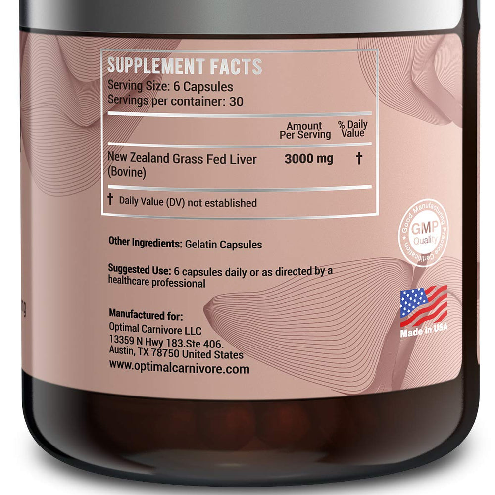 Optimal Carnivore liver capsules back-of-bottle view reinforces full ingredient transparency.