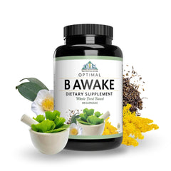 Optimal Health Systems B Awake bottle front shows energy-boosting formula for mornings.