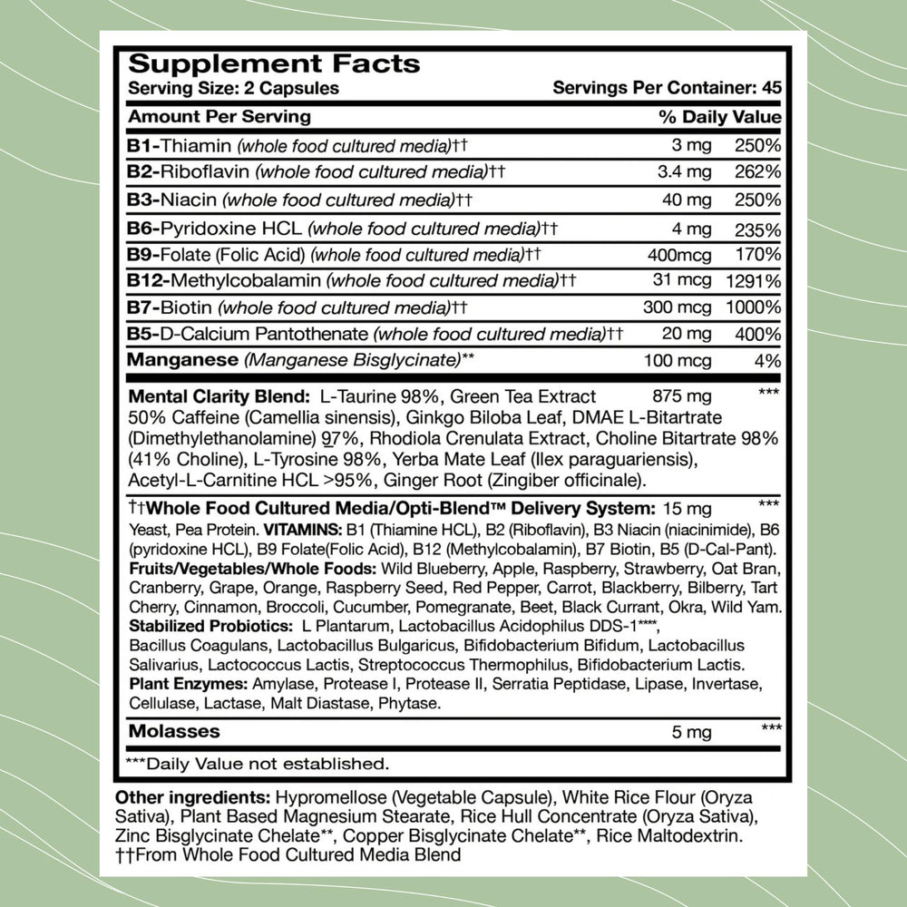 Close-up of B Awake capsules highlighting daily focus support.