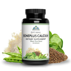 Optimal Health Systems BonePlus calcium bottle highlights highly absorbable calcium for bone strength.