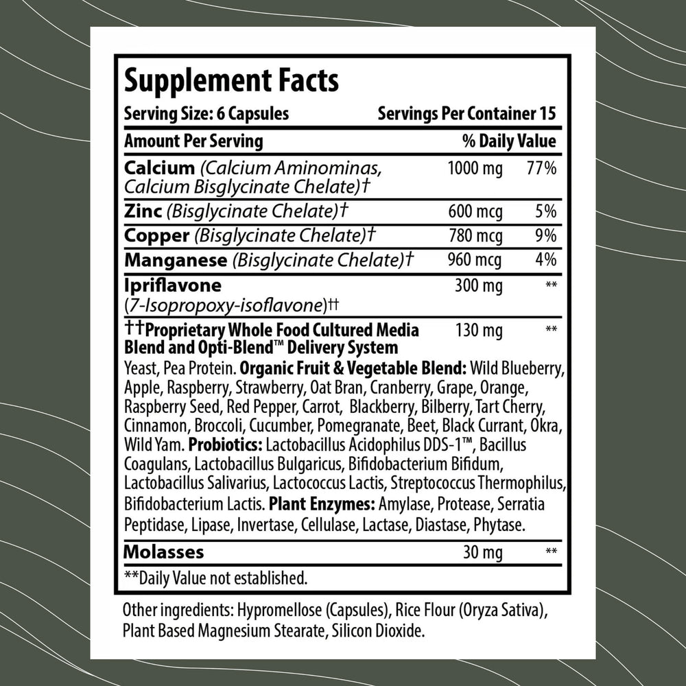 Optimal Health Systems BonePlus calcium label showcases chelated calcium with ipriflavone details.