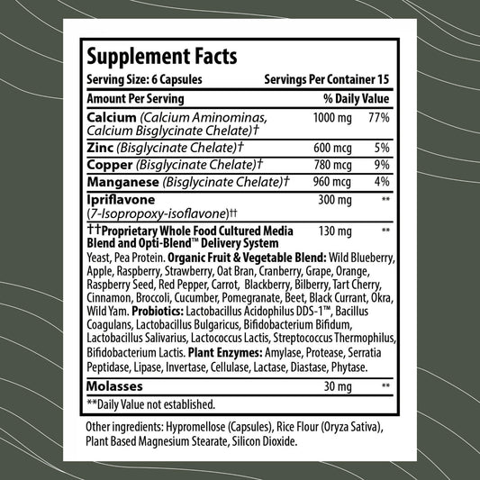 Optimal Health Systems BonePlus calcium label showcases chelated calcium with ipriflavone details.