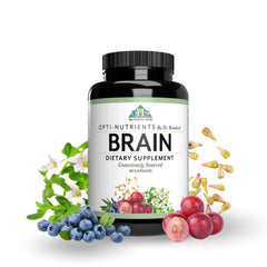 Optimal Health Systems Brain bottle front with 90 capsules ready for cognitive support.