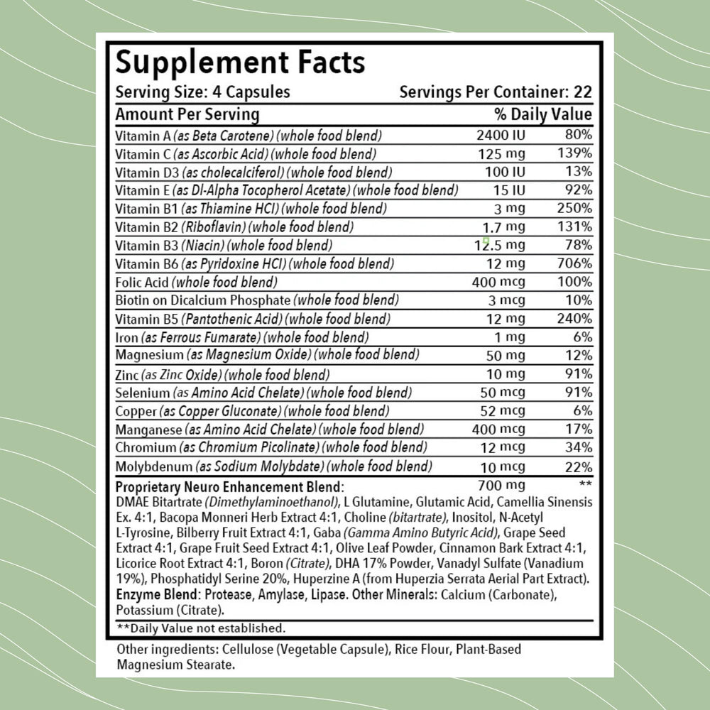 Closeup of Optimal Health Systems Brain capsules highlighting nootropic formula.