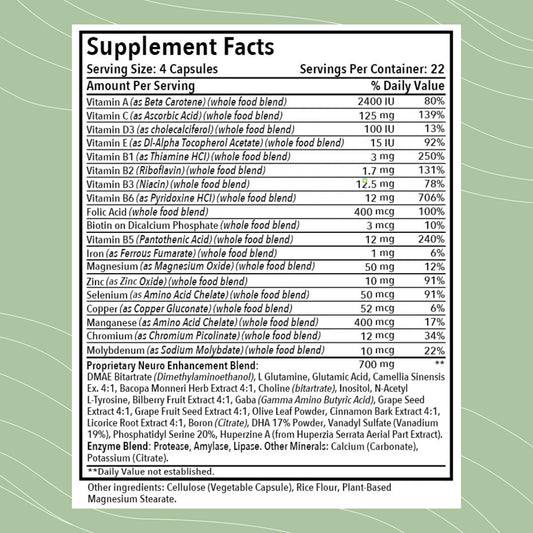 Closeup of Optimal Health Systems Brain capsules highlighting nootropic formula.