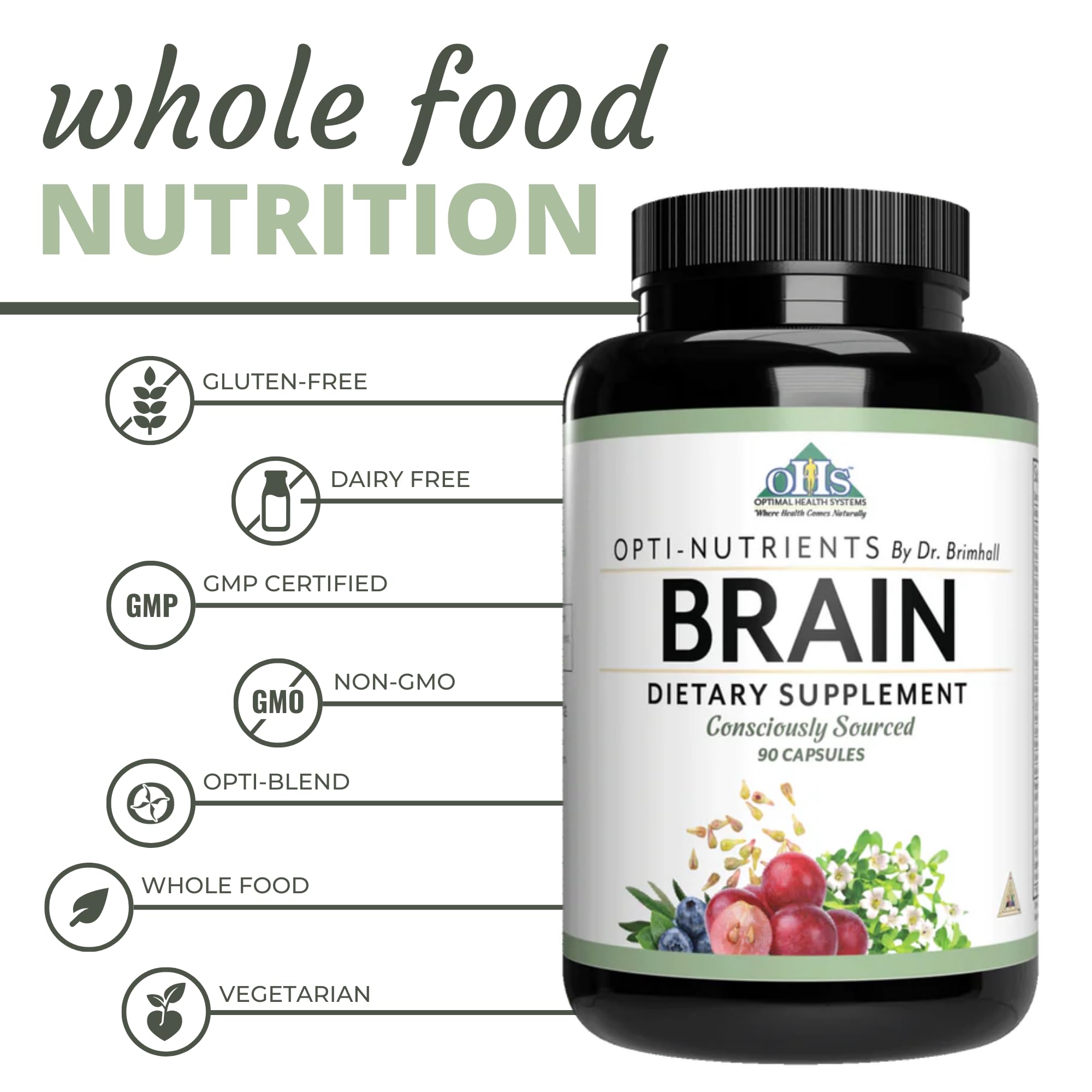 Label closeup on Optimal Health Systems Brain emphasizing 700 mg blend.