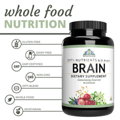 Label closeup on Optimal Health Systems Brain emphasizing 700 mg blend.