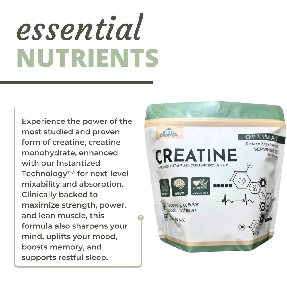 Optimal Health Systems Creatine glass with drink illustrates convenient hydration-friendly intake
