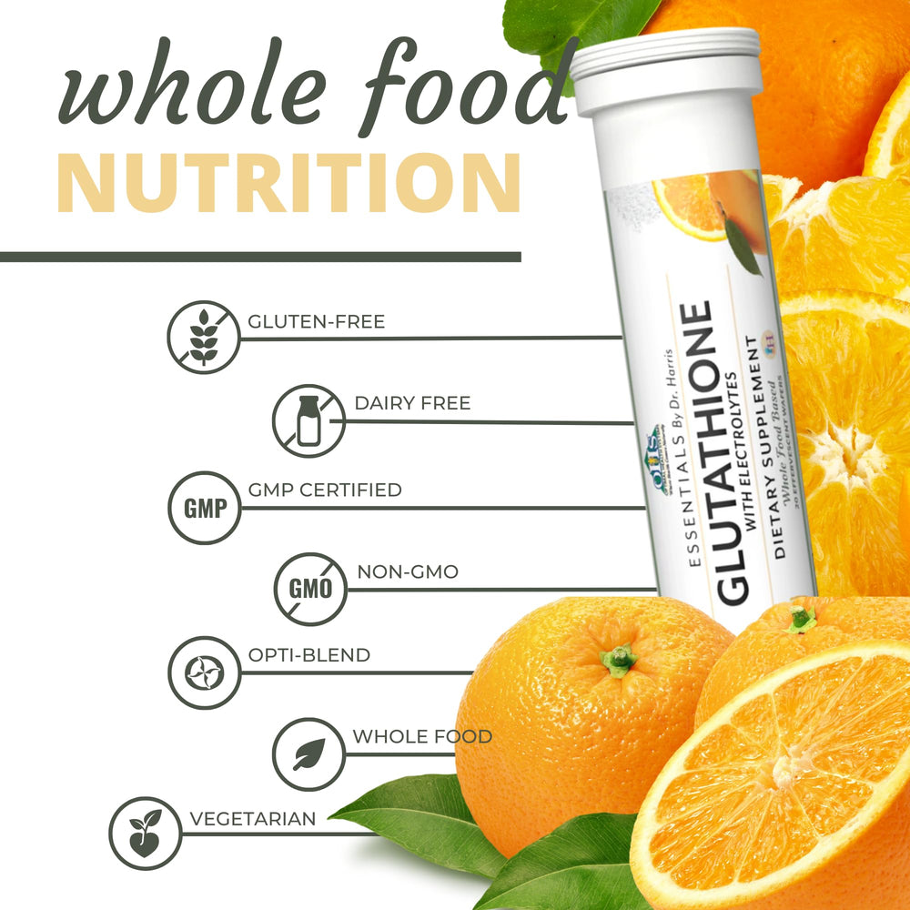 Optimal Health Systems Essential Glutathione wafers ingredients glass shows tri-peptide glutathione and electrolytes.