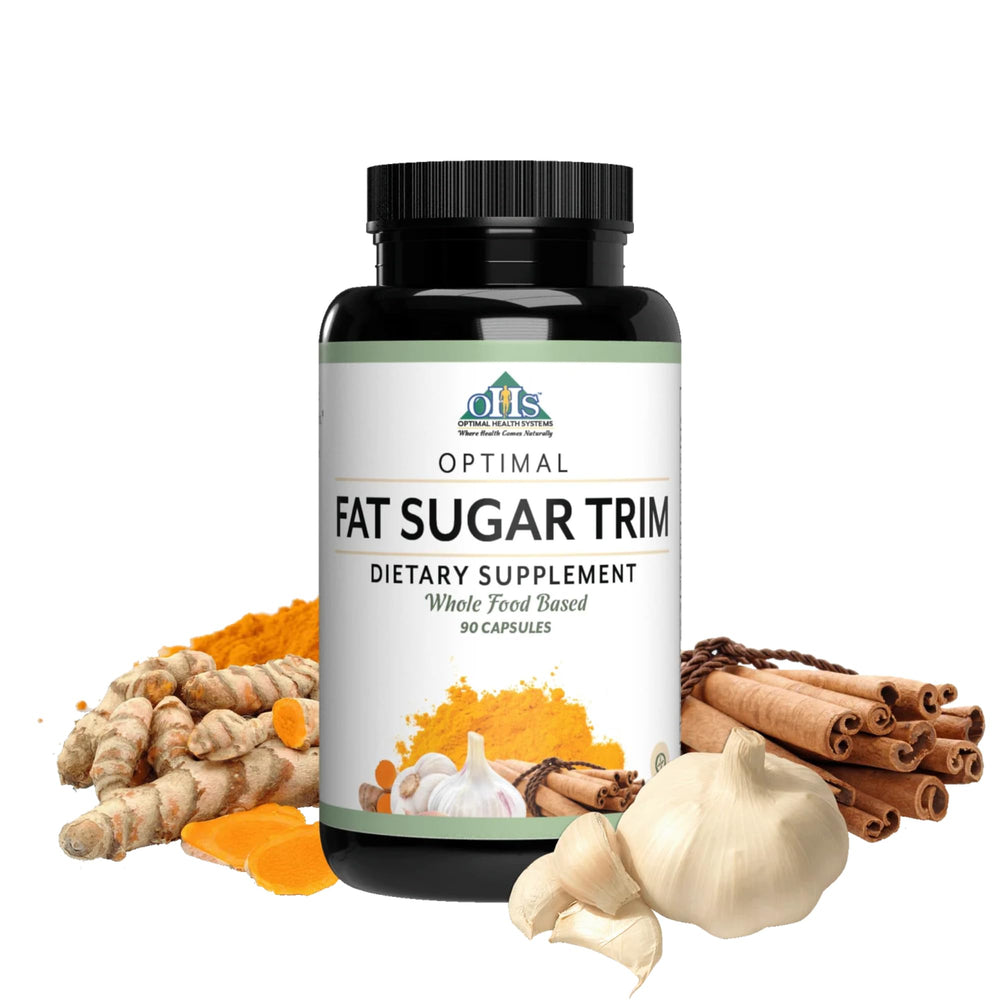 Optimal Health Systems Fat Sugar Trim bottle supports daily energy from fats and sugars.