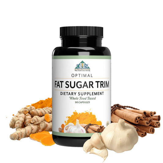 Optimal Health Systems Fat Sugar Trim bottle supports daily energy from fats and sugars.