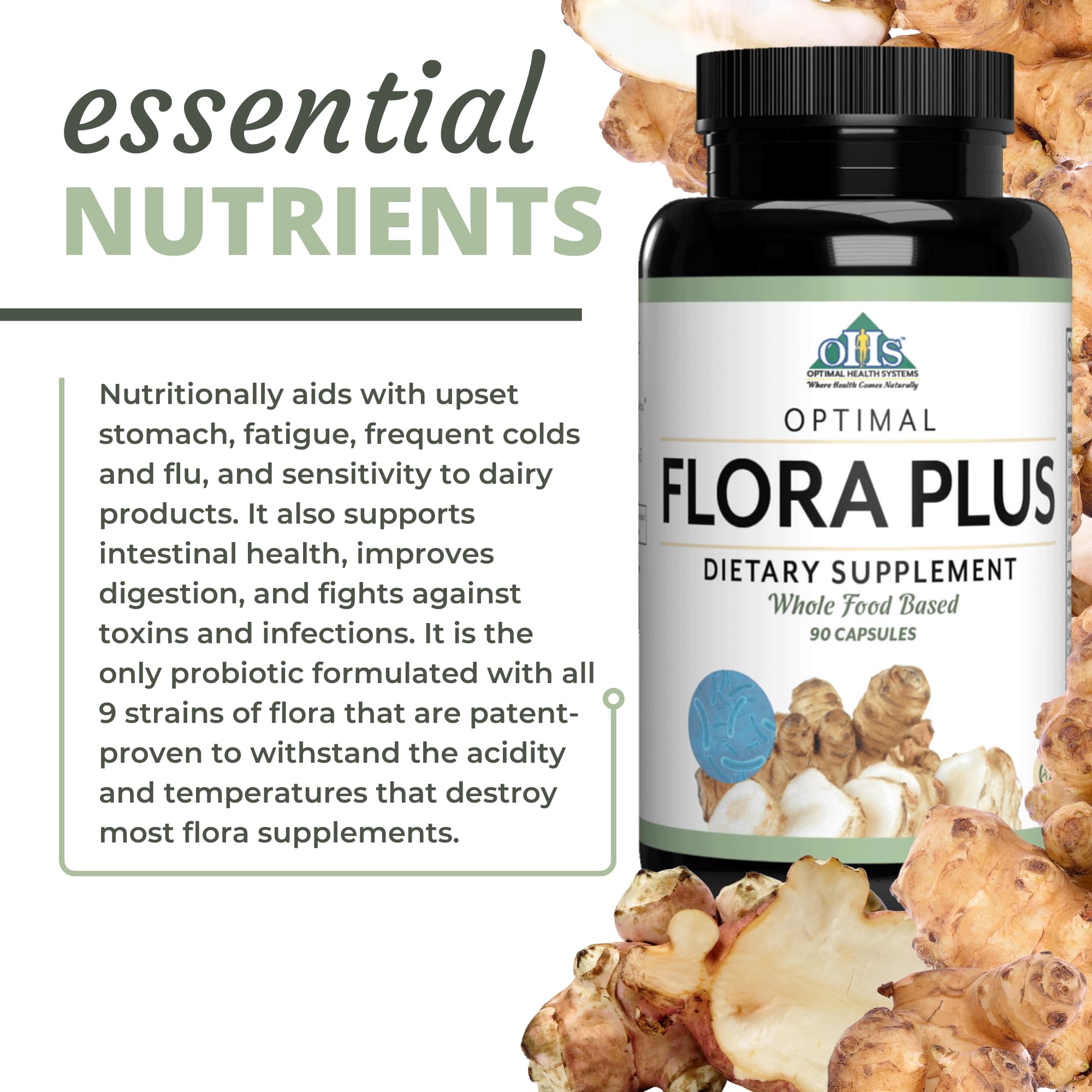 Optimal Health Systems Flora Plus herbal ingredients highlight non-GMO formula.