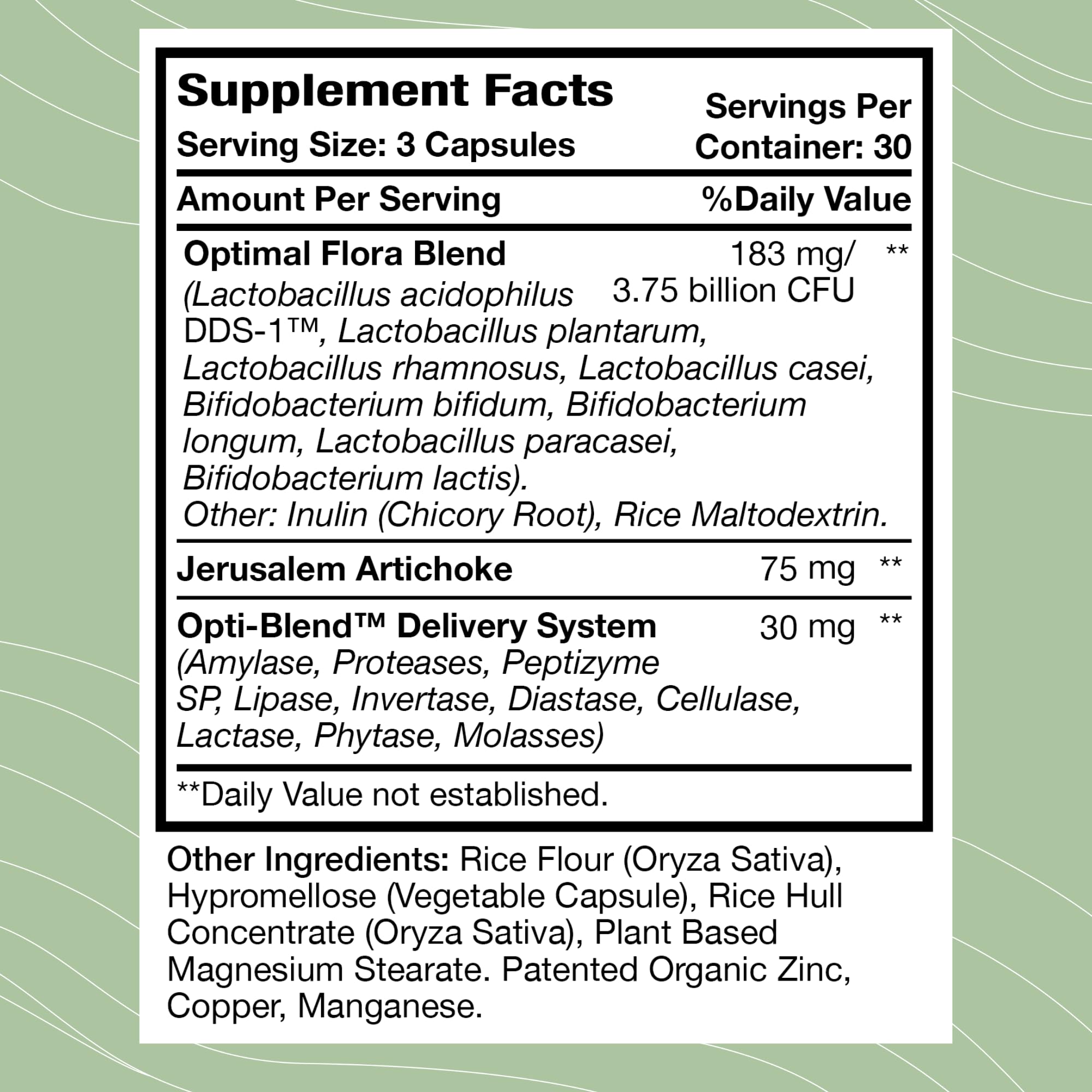 Optimal Health Systems Flora Plus label highlighting nine patented probiotics for gut balance.