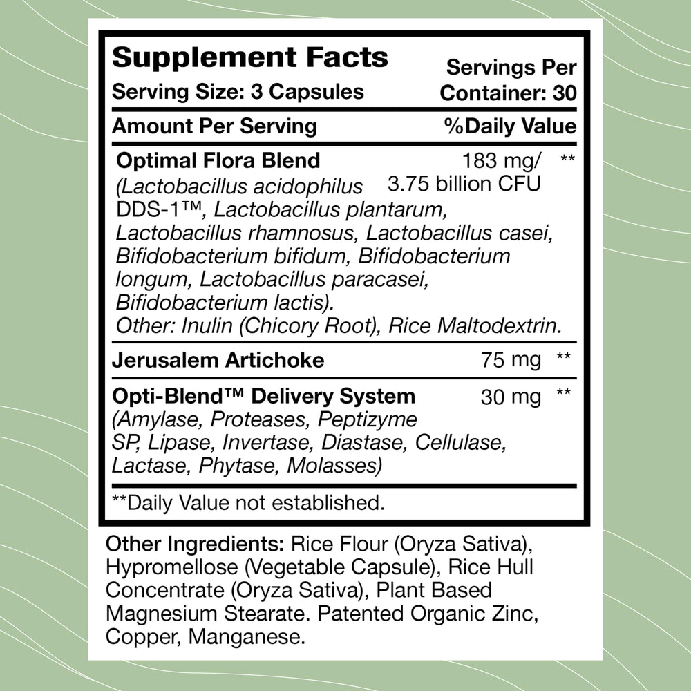 Optimal Health Systems Flora Plus label highlighting nine patented probiotics for gut balance.
