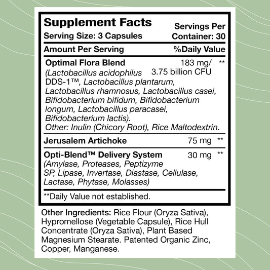 Optimal Health Systems Flora Plus label highlighting nine patented probiotics for gut balance.