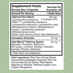 Optimal Health Systems Flora Plus label highlighting nine patented probiotics for gut balance.