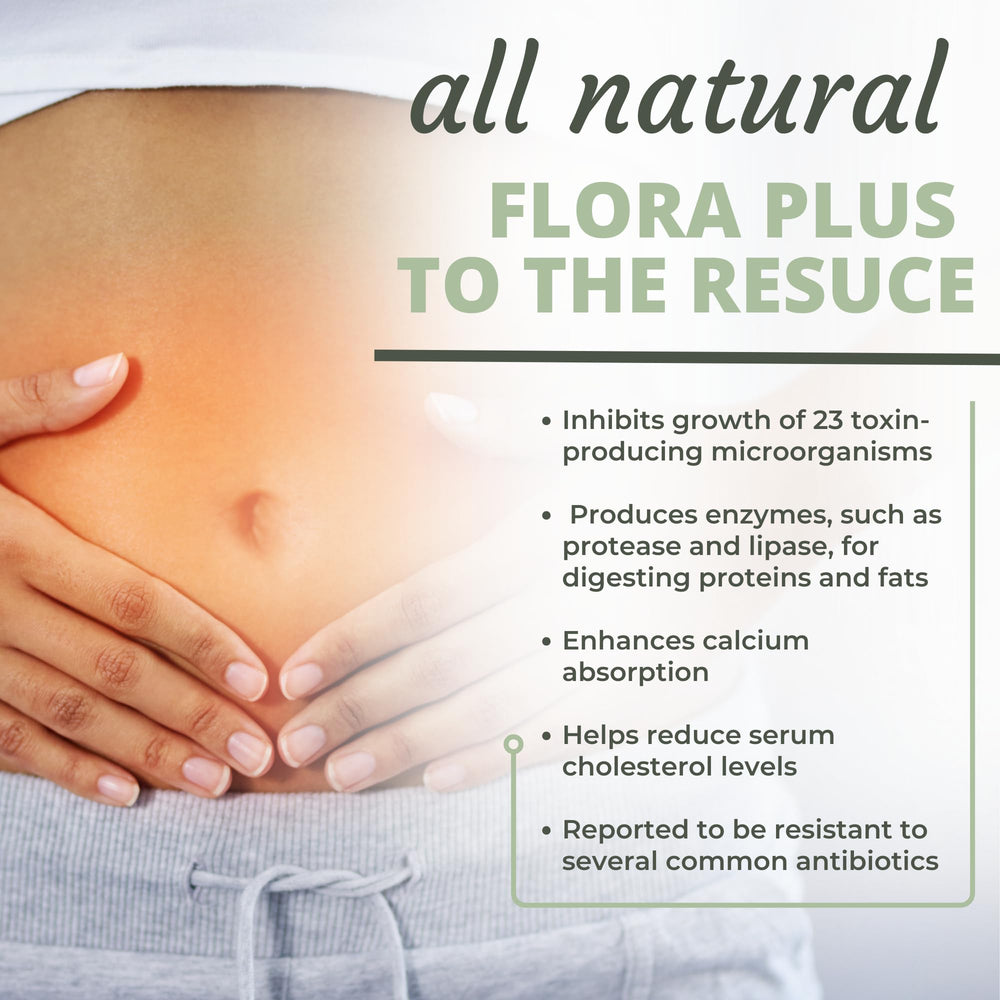 Optimal Health Systems Flora Plus bottle with glass for daily wellness routine.