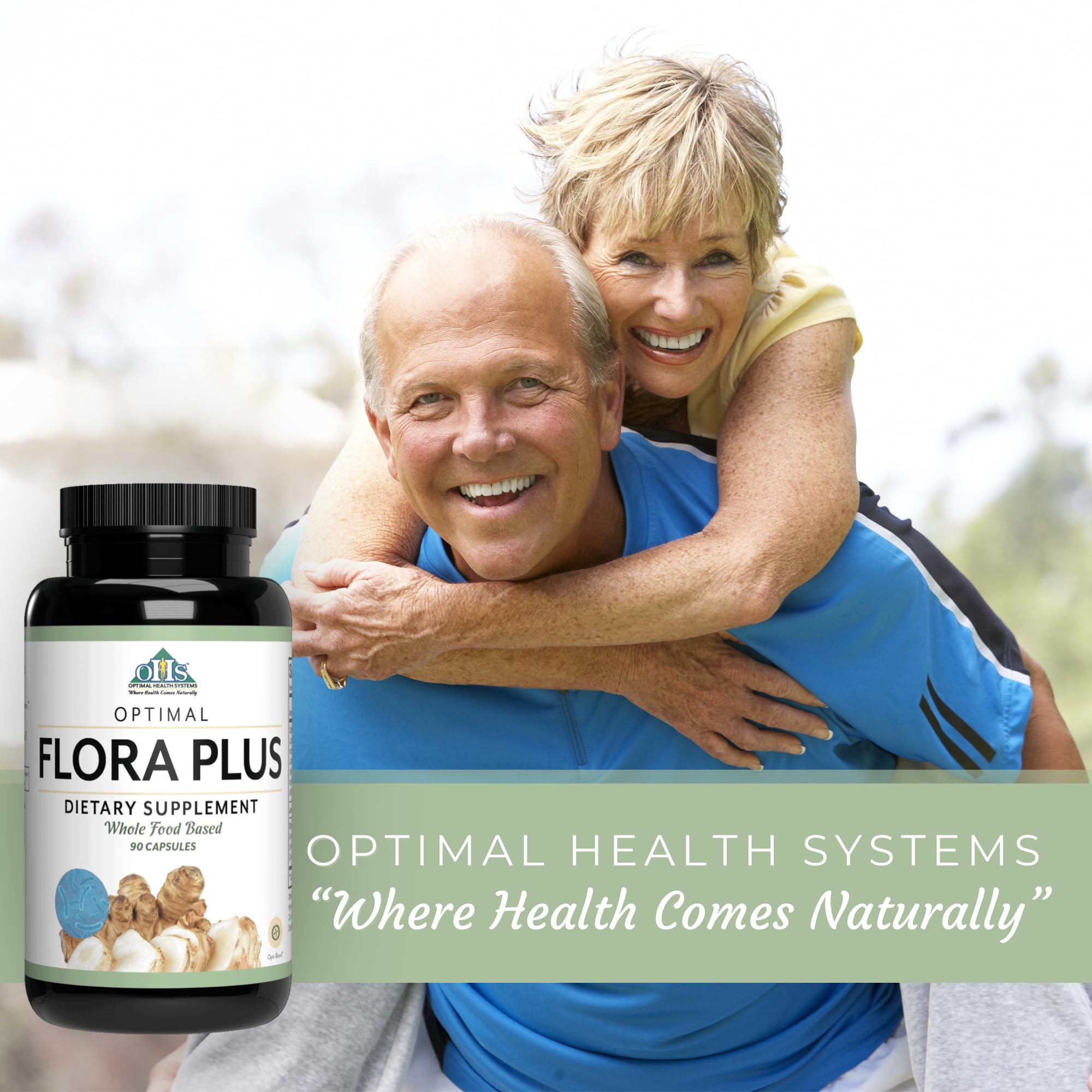 Optimal Health Systems Flora Plus packaging shows artichoke and probiotic blend.