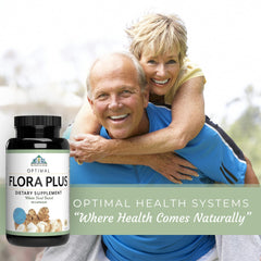 Optimal Health Systems Flora Plus packaging shows artichoke and probiotic blend.