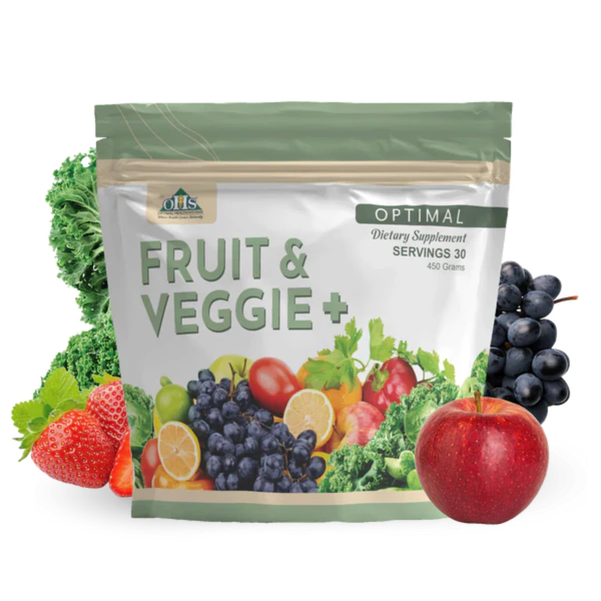 Optimal Health Systems Fruit & Veggie Plus bottle for daily wellness support.