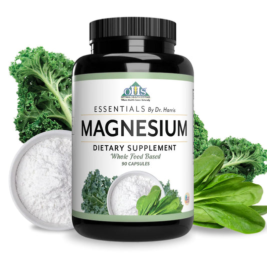 Optimal Health Systems Magnesium bottle shows patented chelated formula for enhanced absorption.
