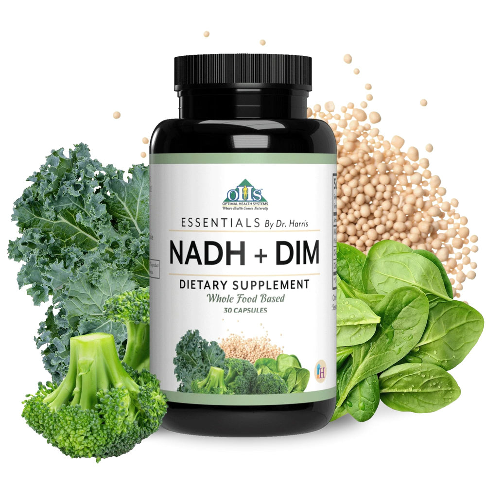 Optimal Health Systems NADH + DIM bottle close-up highlighting plant-based energy support