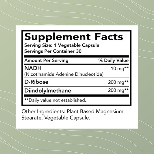 Optimal Health Systems NADH + DIM capsules close-up showing daily energy and focus