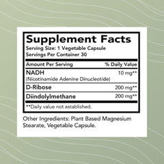 Optimal Health Systems NADH + DIM capsules close-up showing daily energy and focus