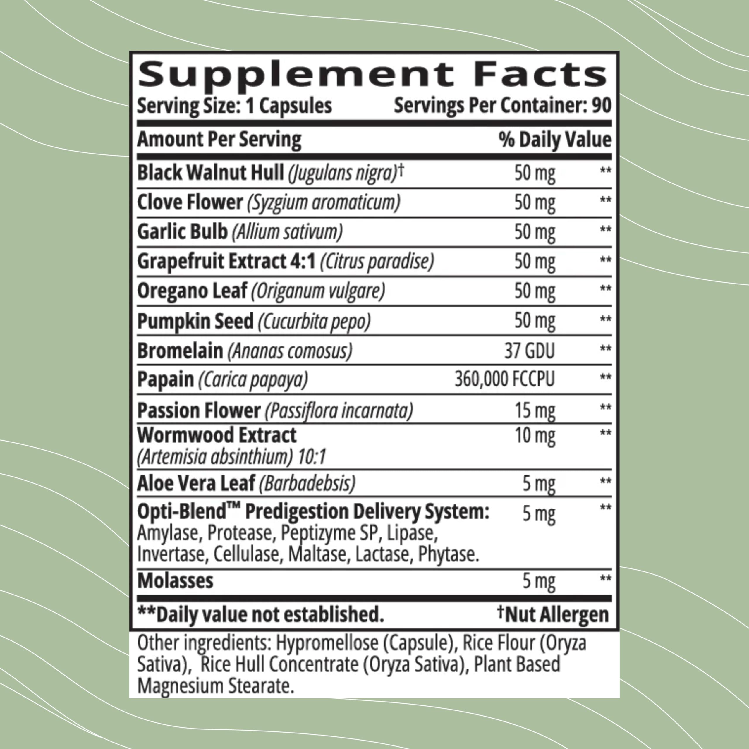 Opti-Para label highlights natural ingredients and clean formula