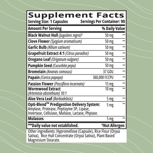 Opti-Para label highlights natural ingredients and clean formula