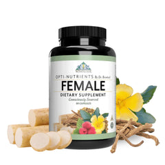Optimal Health Systems Opti-Female bottle close-up, supporting balance and daily wellness.