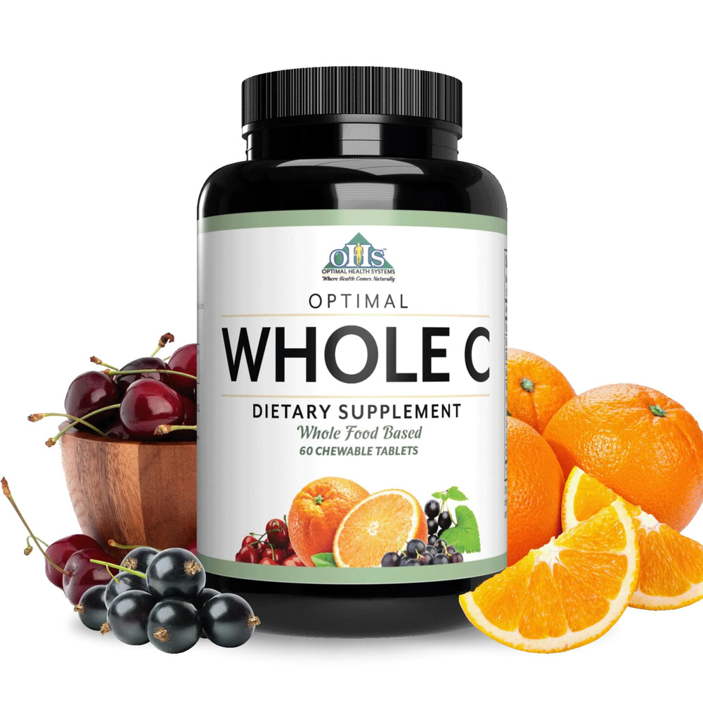 Optimal Health Systems Whole C chewable bottle pouring, convenient daily immune support.