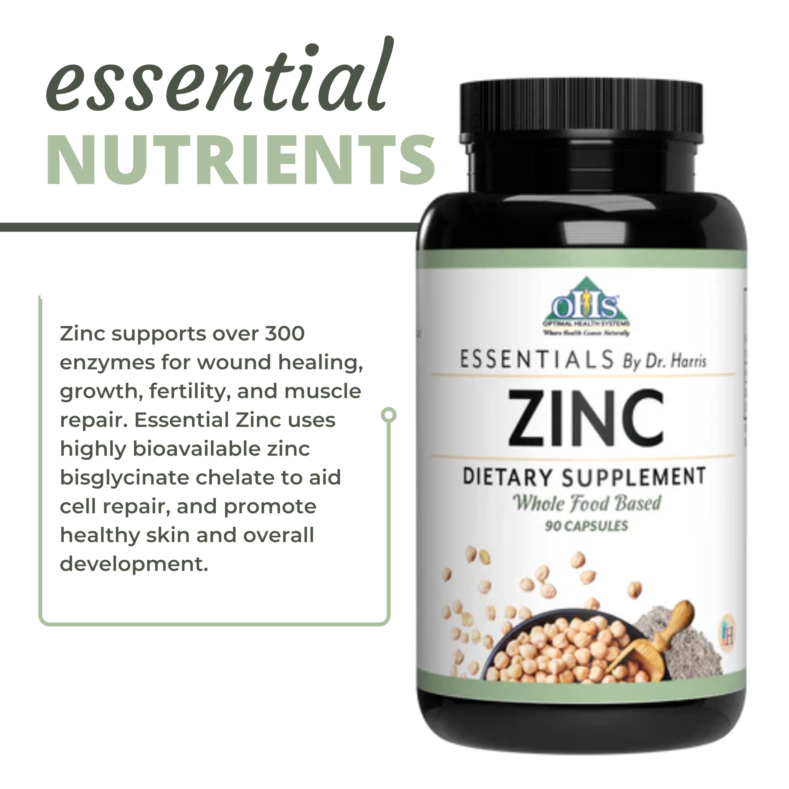 Optimal Health Systems zinc-label detail showcases purity and quality packaging