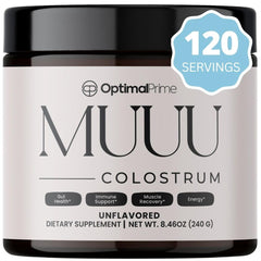 Optimal Prime MUUU bovine colostrum powder jar with four-month supply for gut support.