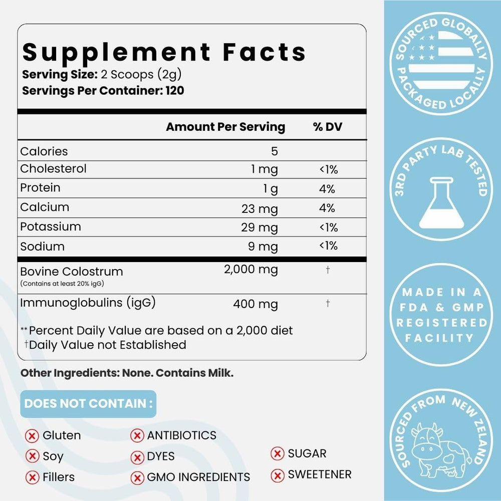 Optimal Prime MUUU colostrum powder scoop beside powder for easy daily mixing.