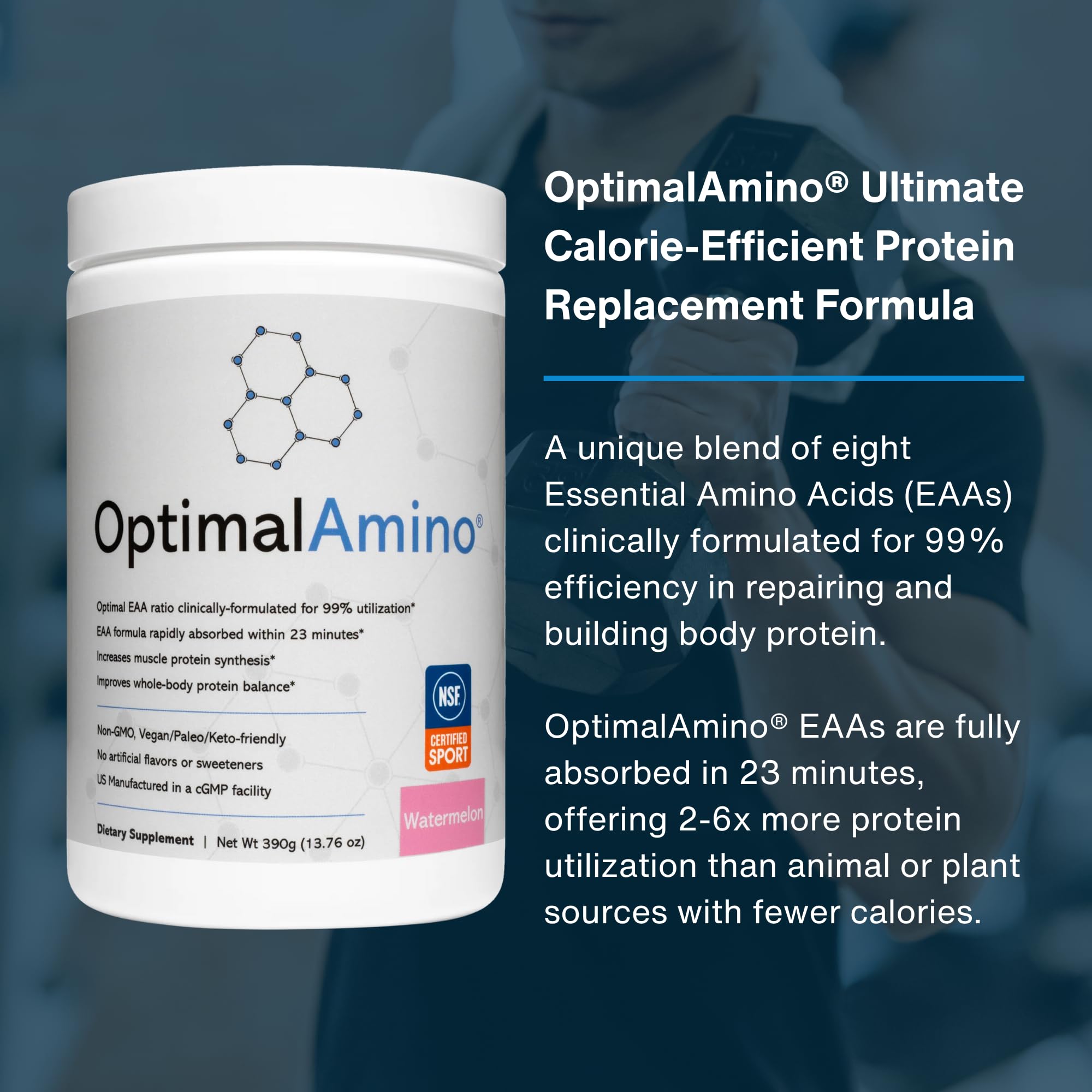 OptimalAmino 13g serving highlights efficient protein utilization during workouts.