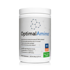 OptimalAmino amino acid powder bottle highlights complete essential amino acids for recovery.
