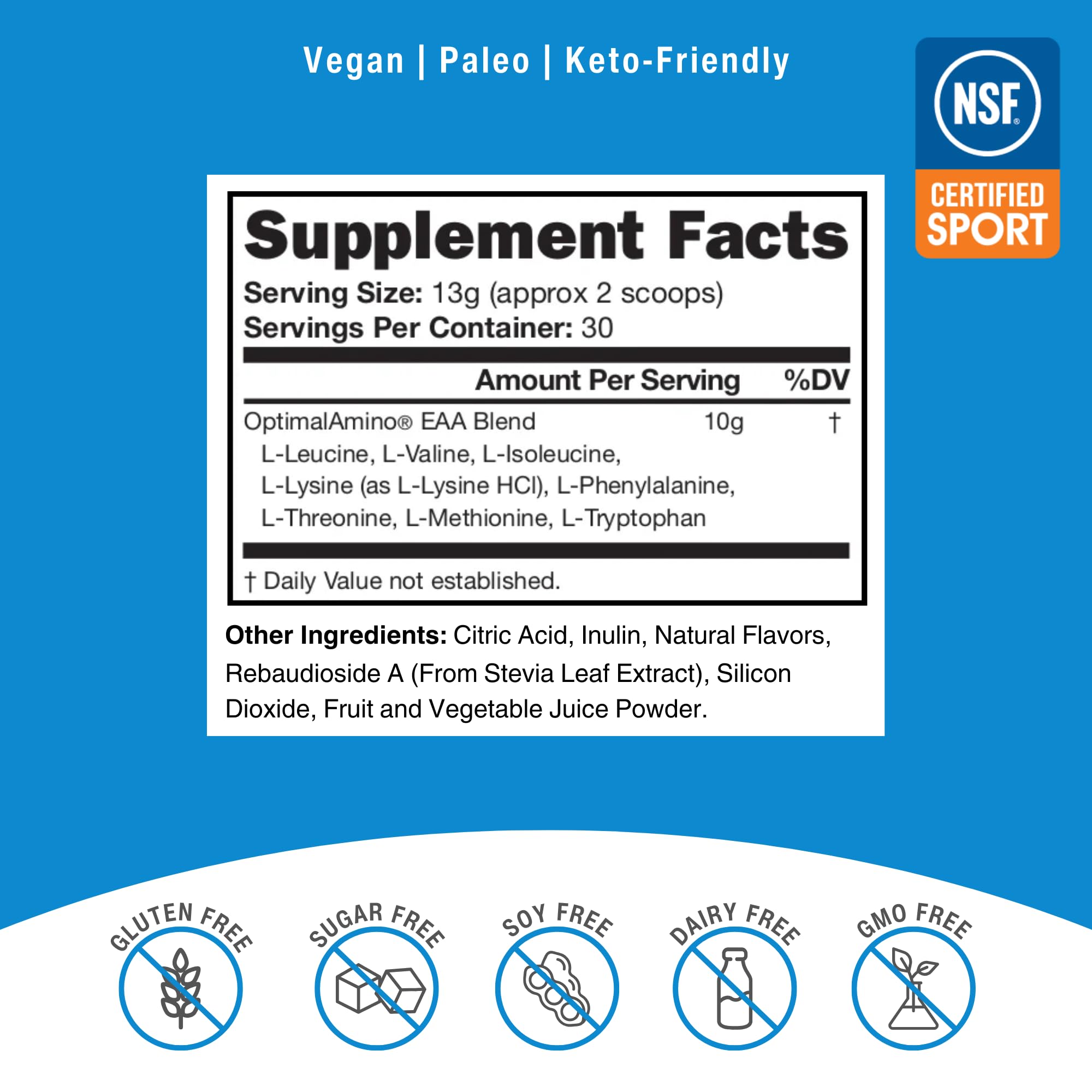 Measuring scoop demonstrates a precise 13 g serving for efficient amino intake.