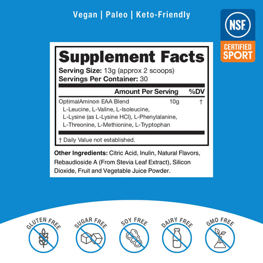 Measuring scoop demonstrates a precise 13 g serving for efficient amino intake.