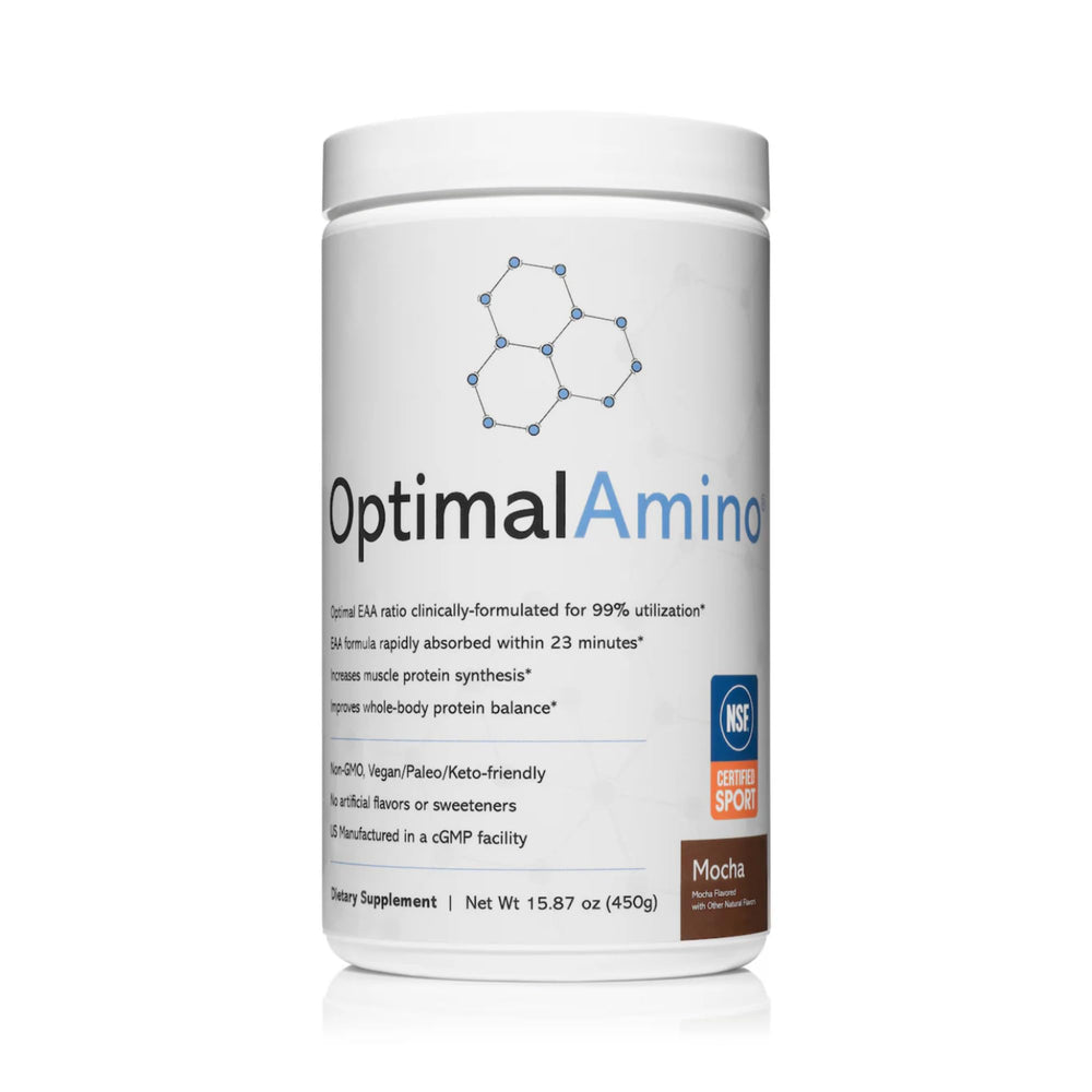 OptimalAmino mocha powder bottle promotes sport performance with a premium amino blend.