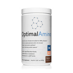 OptimalAmino mocha powder bottle promotes sport performance with a premium amino blend.