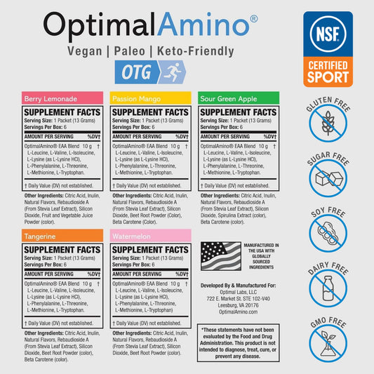 OptimalAmino OTG stick packs close up label highlighting ingredients and NSF badge