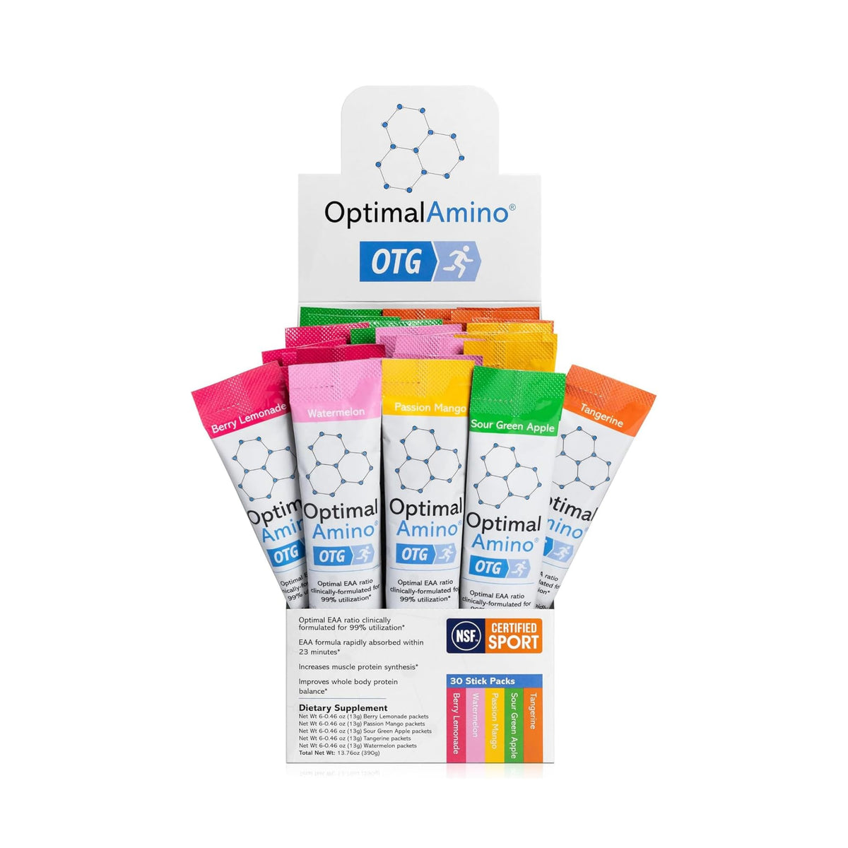 OptimalAmino OTG stick packs variety box showing multiple flavors for versatile use
