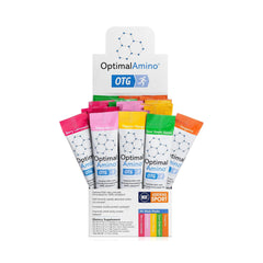 OptimalAmino OTG stick packs variety box showing multiple flavors for versatile use