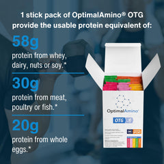 OptimalAmino OTG stick packs vegan formula on front label