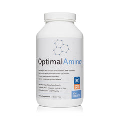 OptimalAmino tablets bottle close-up showing NSF Certified for Sport quality and clean formula for active recovery.