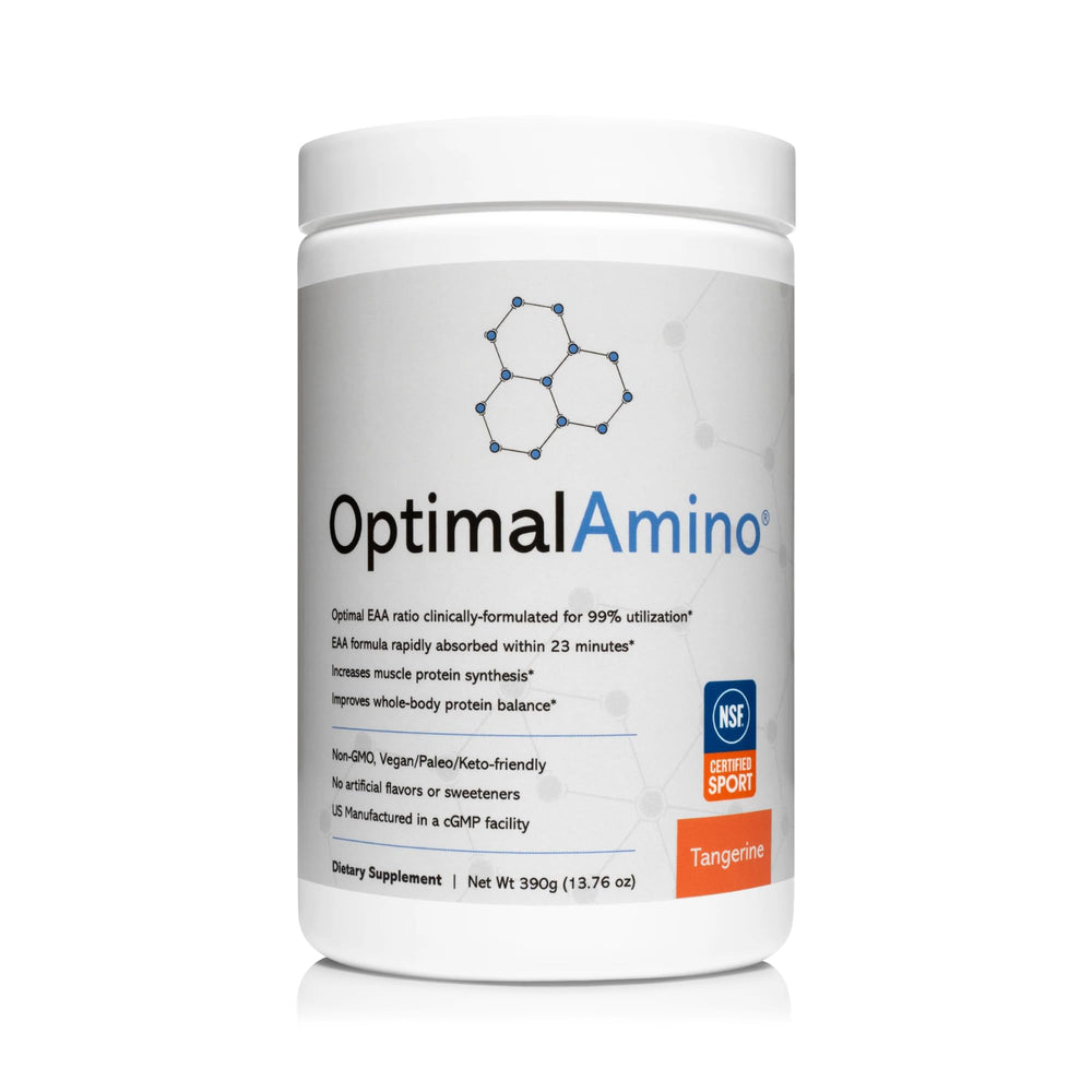 OptimalAmino Tangerine powder bottle enhances post-workout recovery with refreshing flavor.