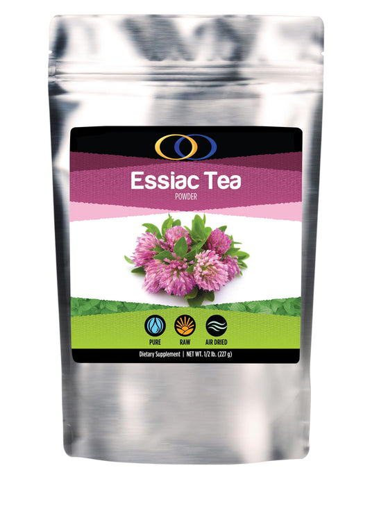 Optimally Organic ESSIAC Tea Powder 8 Herb Blend ready for a daily brew.